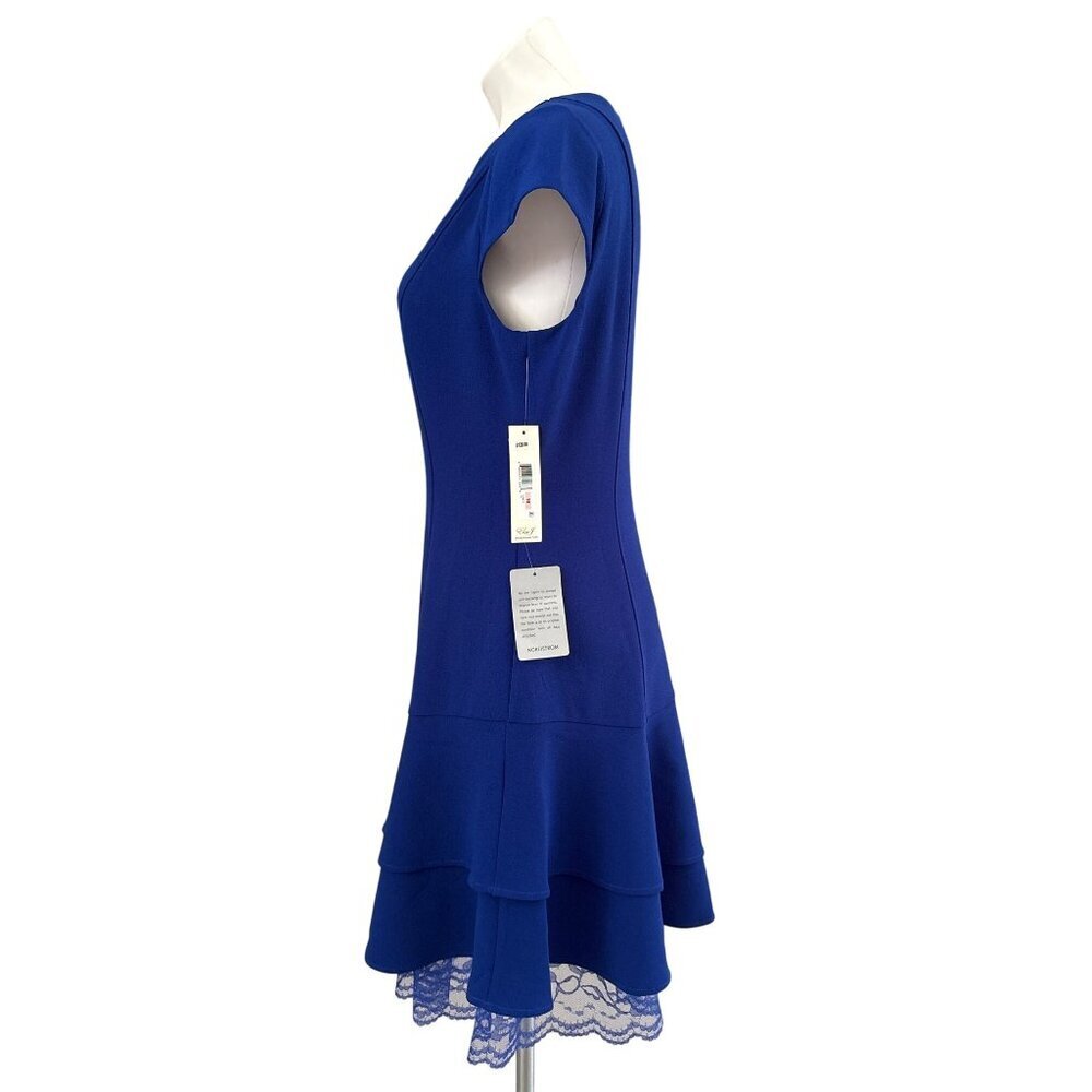 Eliza J NWT $138 Crepe Ruffle Lace Hem Sheath Dress, Blue Women's Size 10 - Picture 6 of 9